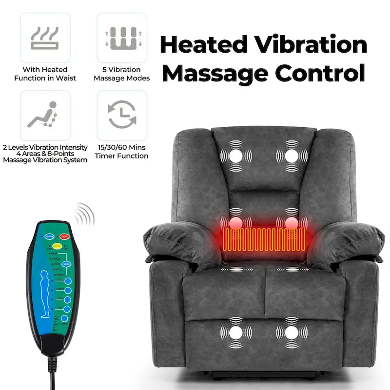 Oversized Velvet Power Lift Recliner with Massage, Heating, Pockets