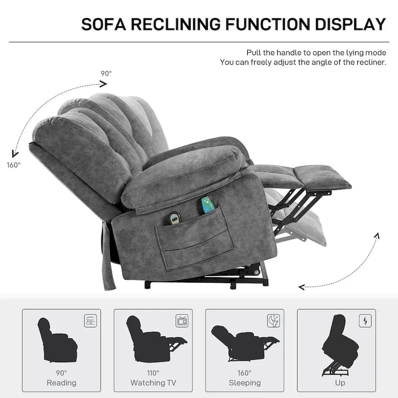 Oversized Velvet Power Lift Recliner with Massage, Heating, Pockets