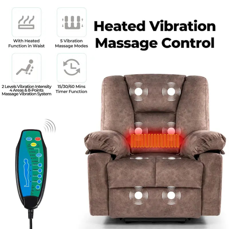 Oversized Velvet Power Lift Recliner with Massage, Heating, Pockets