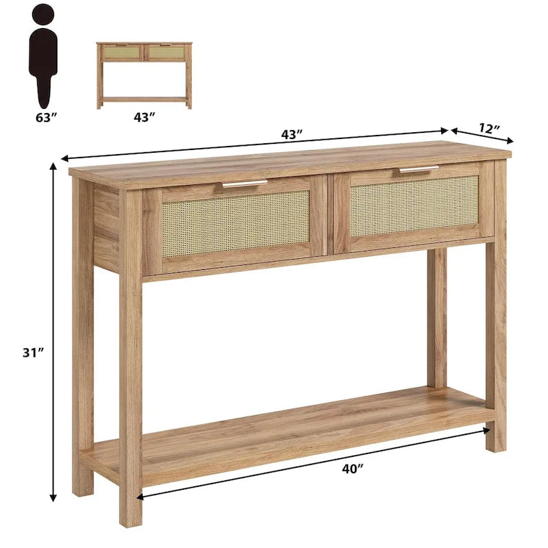 Entryway Table, Console Table with Rattan 2 Drawers, Wood Sofa Table with Storage
