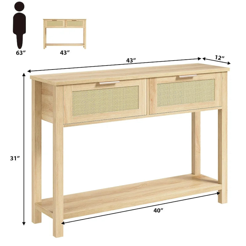 Entryway Table, Console Table with Rattan 2 Drawers, Wood Sofa Table with Storage