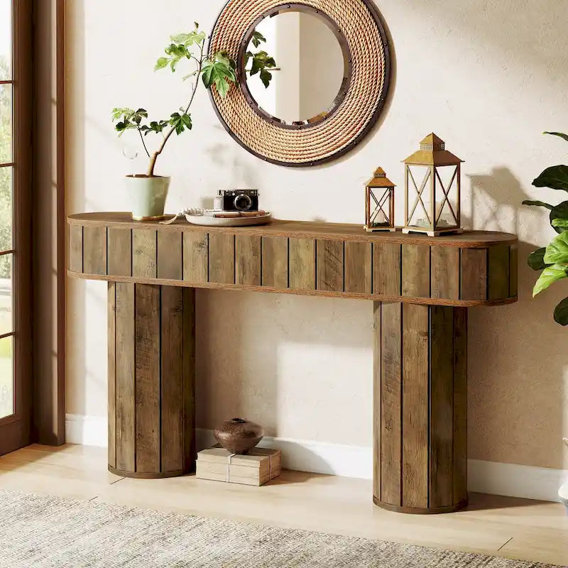 63-Inch Farmhouse Console Table for Entryway, Hallway, Rustic Brown