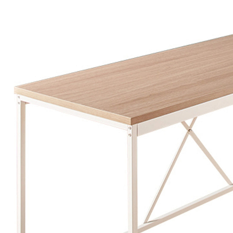 Corner Desk, L Shaped White Metal Frame, X Crossed, Oak Brown Wood Top