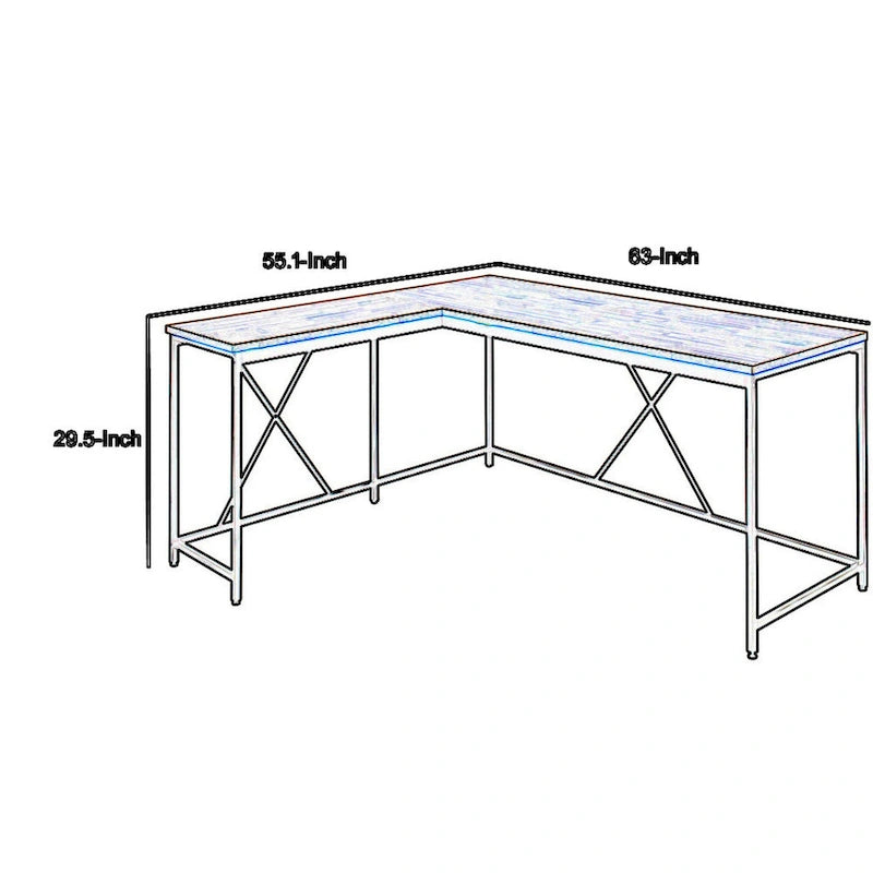 Corner Desk, L Shaped White Metal Frame, X Crossed, Oak Brown Wood Top