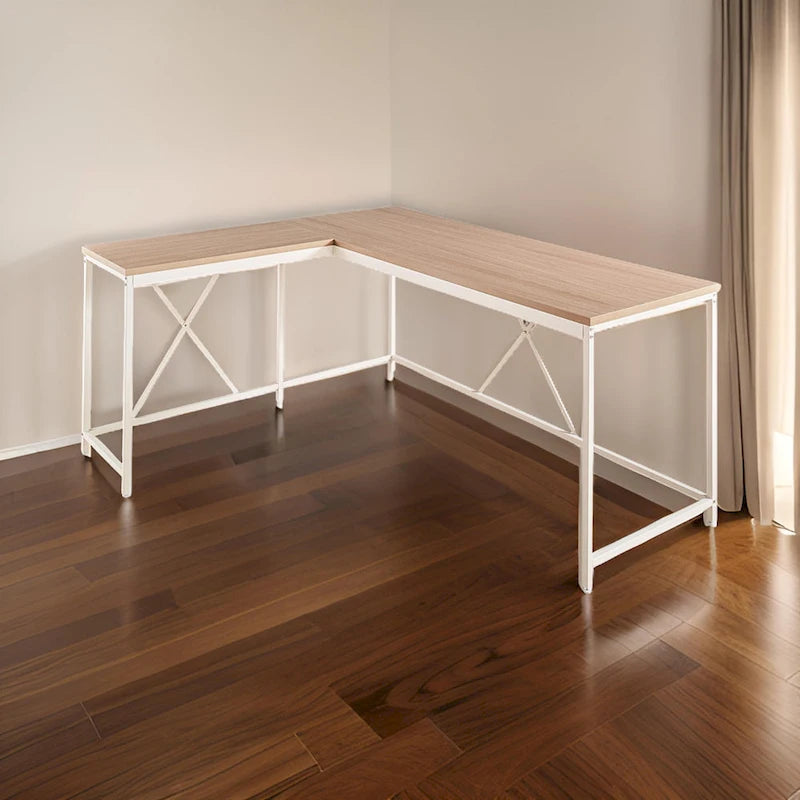 Corner Desk, L Shaped White Metal Frame, X Crossed, Oak Brown Wood Top