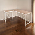 Corner Desk, L Shaped White Metal Frame, X Crossed, Oak Brown Wood Top
