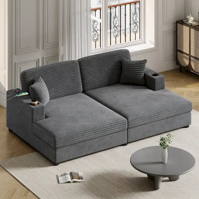 Oversized Loveseat Chaise Lounge Sectional Sofa Bed, Corduroy Sleeper with USB Ports, Cup Holders