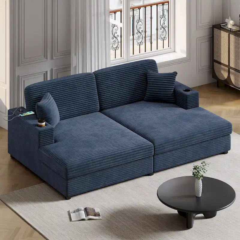 Oversized Loveseat Chaise Lounge Sectional Sofa Bed, Corduroy Sleeper with USB Ports, Cup Holders