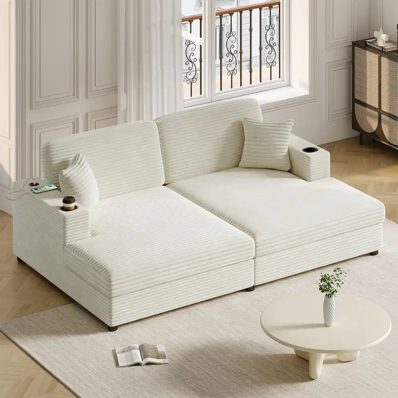 Oversized Loveseat Chaise Lounge Sectional Sofa Bed, Corduroy Sleeper with USB Ports, Cup Holders