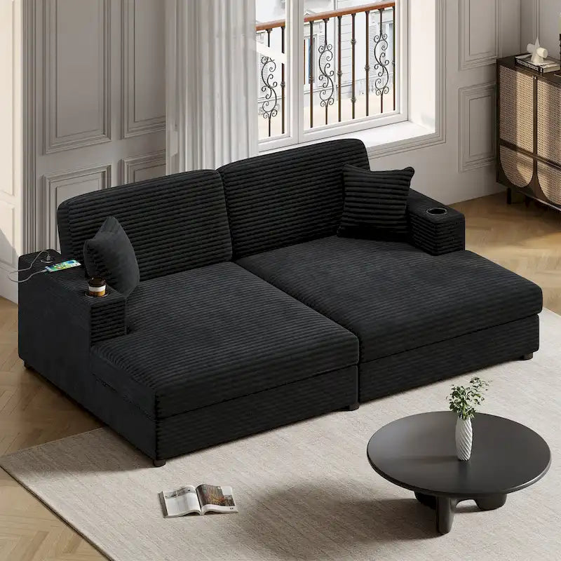 Oversized Loveseat Chaise Lounge Sectional Sofa Bed, Corduroy Sleeper with USB Ports, Cup Holders