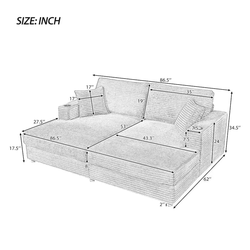 Oversized Loveseat Chaise Lounge Sectional Sofa Bed, Corduroy Sleeper with USB Ports, Cup Holders