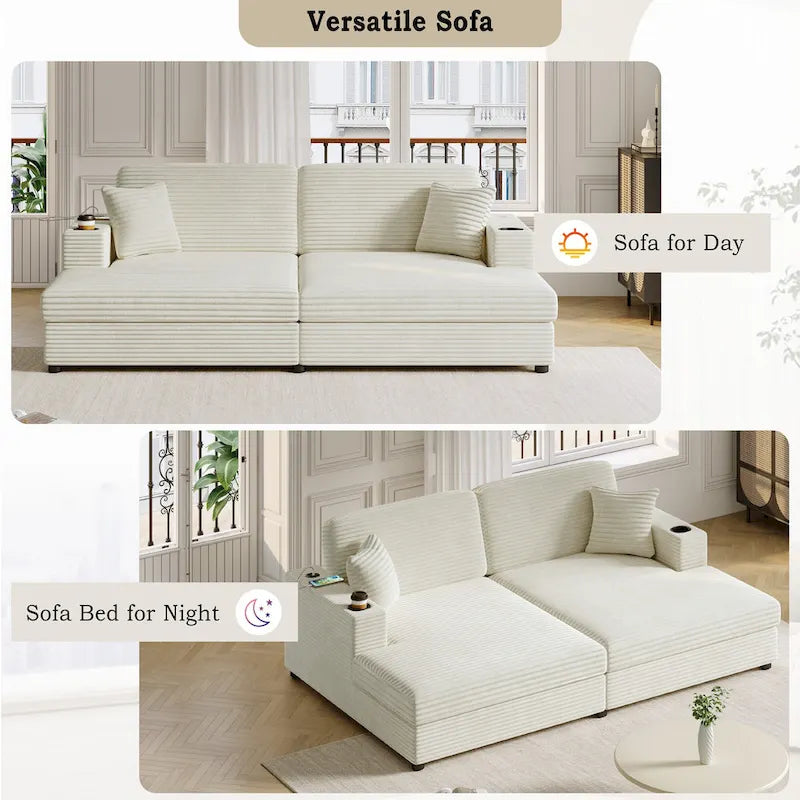 Oversized Loveseat Chaise Lounge Sectional Sofa Bed, Corduroy Sleeper with USB Ports, Cup Holders