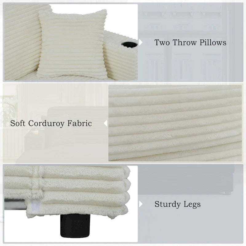 Oversized Loveseat Chaise Lounge Sectional Sofa Bed, Corduroy Sleeper with USB Ports, Cup Holders