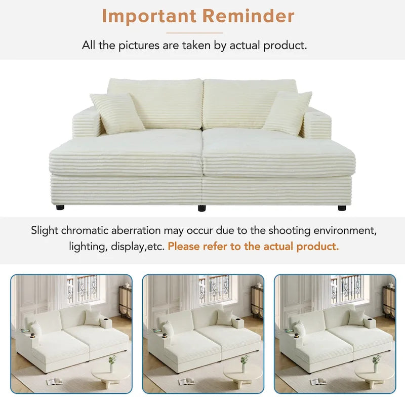 Oversized Loveseat Chaise Lounge Sectional Sofa Bed, Corduroy Sleeper with USB Ports, Cup Holders