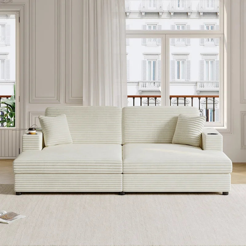 Oversized Loveseat Chaise Lounge Sectional Sofa Bed, Corduroy Sleeper with USB Ports, Cup Holders