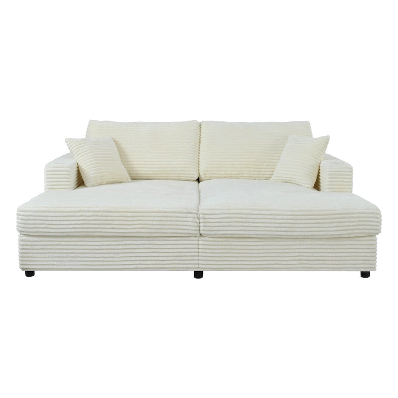Oversized Loveseat Chaise Lounge Sectional Sofa Bed, Corduroy Sleeper with USB Ports, Cup Holders