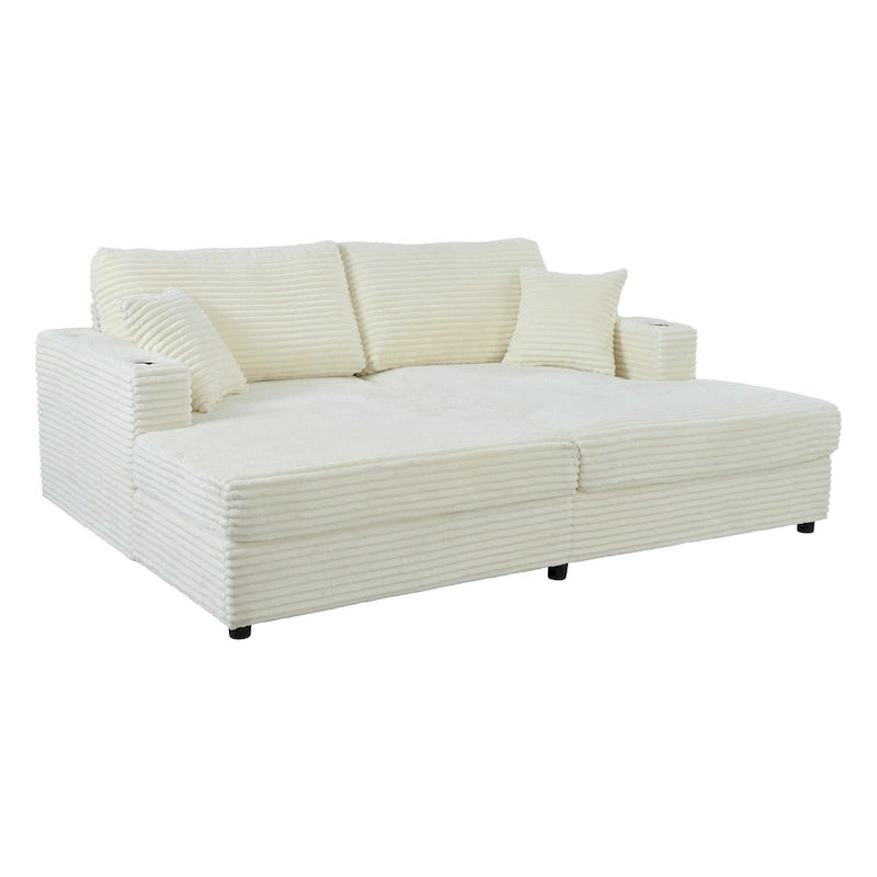Oversized Loveseat Chaise Lounge Sectional Sofa Bed, Corduroy Sleeper with USB Ports, Cup Holders