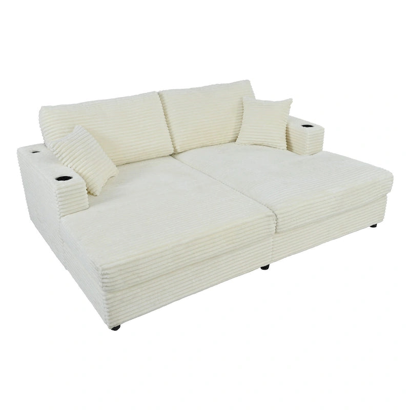 Oversized Loveseat Chaise Lounge Sectional Sofa Bed, Corduroy Sleeper with USB Ports, Cup Holders