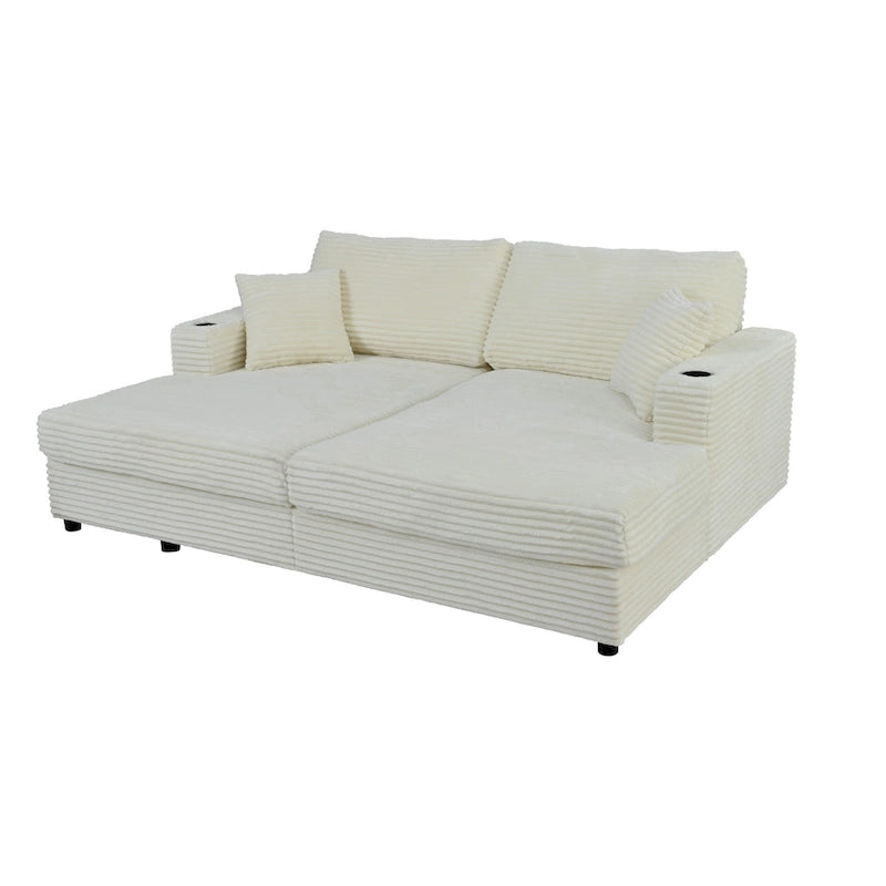 Oversized Loveseat Chaise Lounge Sectional Sofa Bed, Corduroy Sleeper with USB Ports, Cup Holders
