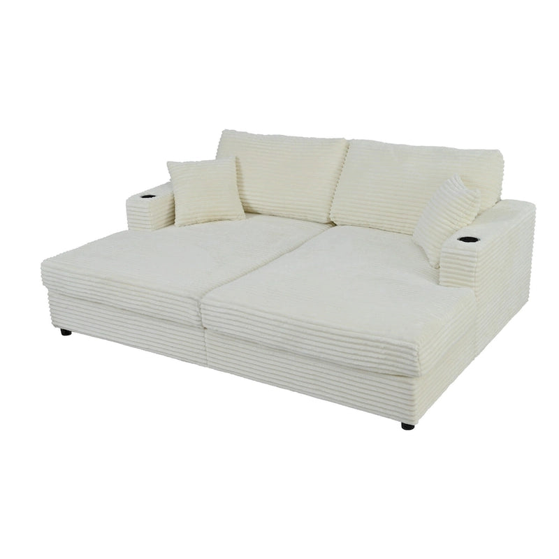 Oversized Loveseat Chaise Lounge Sectional Sofa Bed, Corduroy Sleeper with USB Ports, Cup Holders