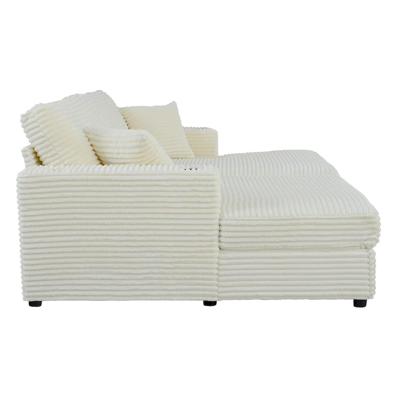 Oversized Loveseat Chaise Lounge Sectional Sofa Bed, Corduroy Sleeper with USB Ports, Cup Holders