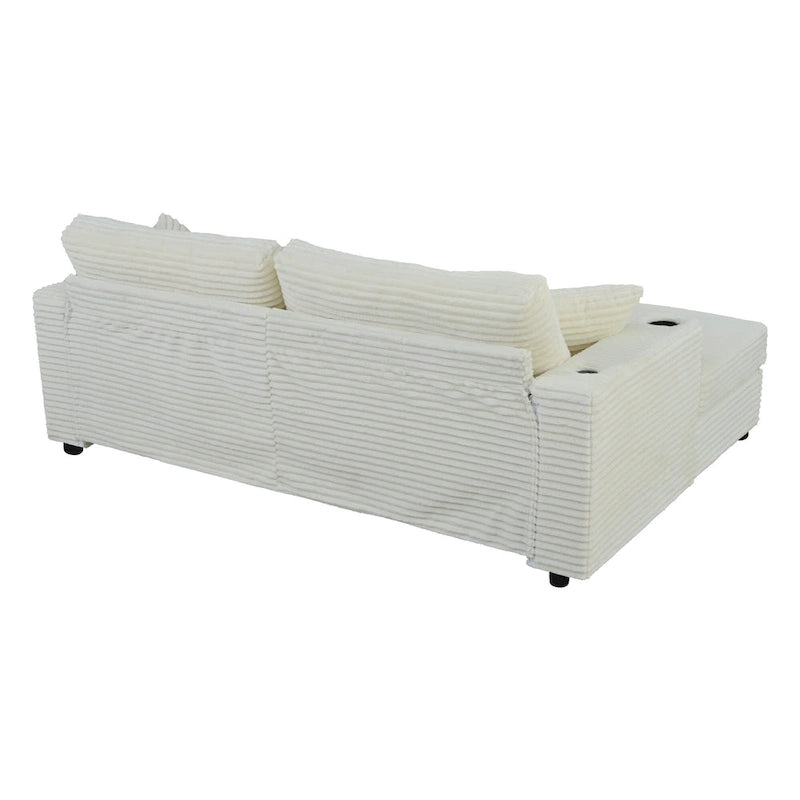 Oversized Loveseat Chaise Lounge Sectional Sofa Bed, Corduroy Sleeper with USB Ports, Cup Holders