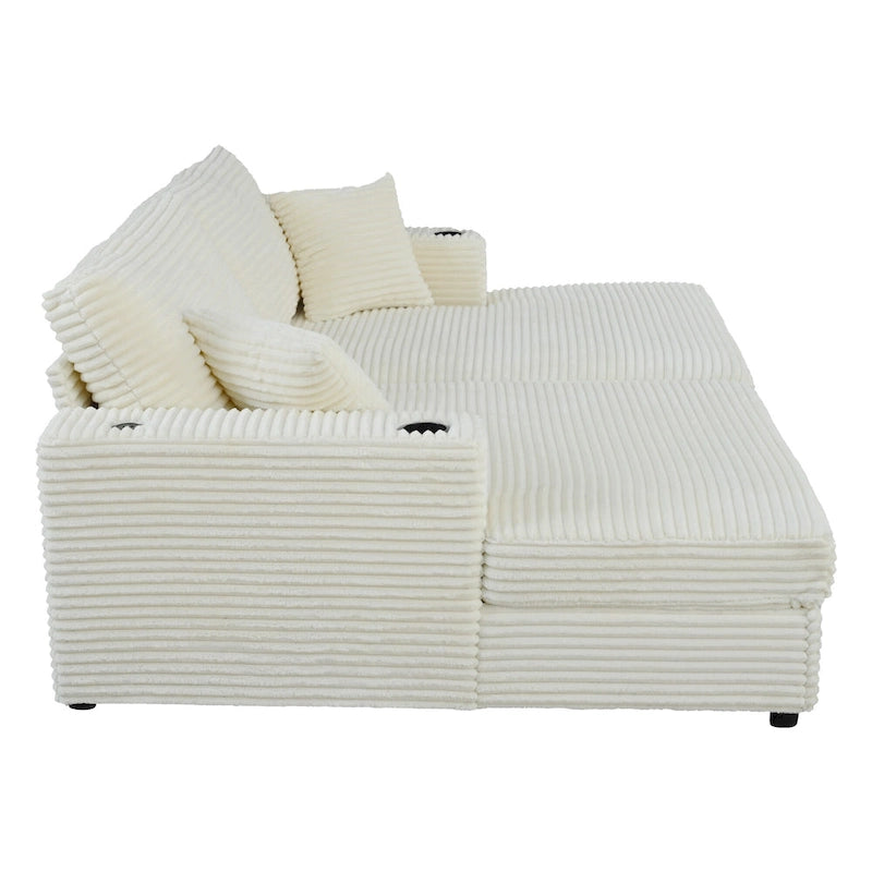 Oversized Loveseat Chaise Lounge Sectional Sofa Bed, Corduroy Sleeper with USB Ports, Cup Holders