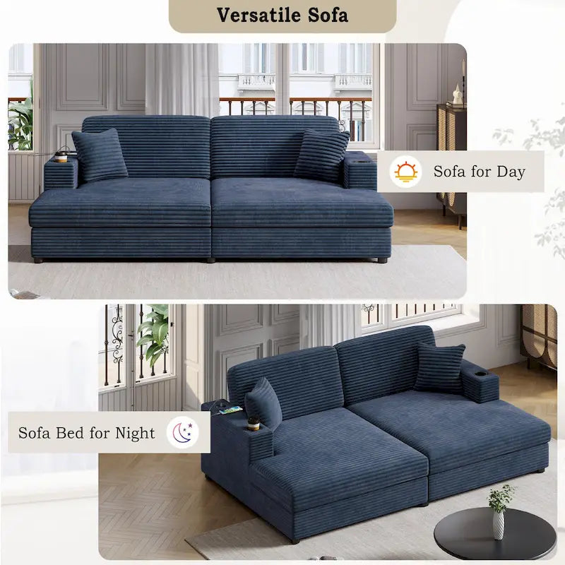 Oversized Loveseat Chaise Lounge Sectional Sofa Bed, Corduroy Sleeper with USB Ports, Cup Holders