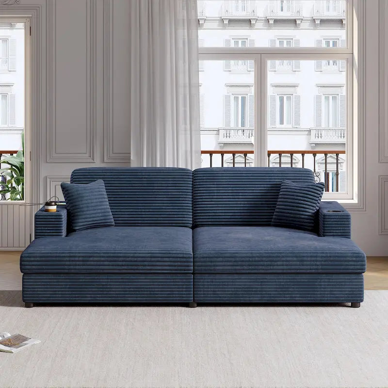Oversized Loveseat Chaise Lounge Sectional Sofa Bed, Corduroy Sleeper with USB Ports, Cup Holders