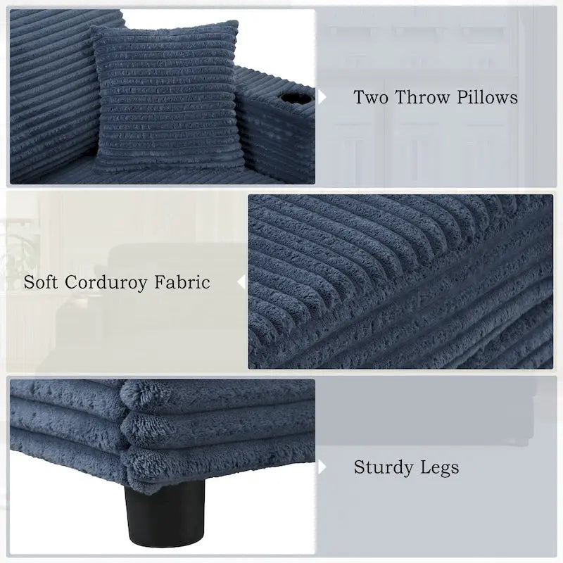 Oversized Loveseat Chaise Lounge Sectional Sofa Bed, Corduroy Sleeper with USB Ports, Cup Holders