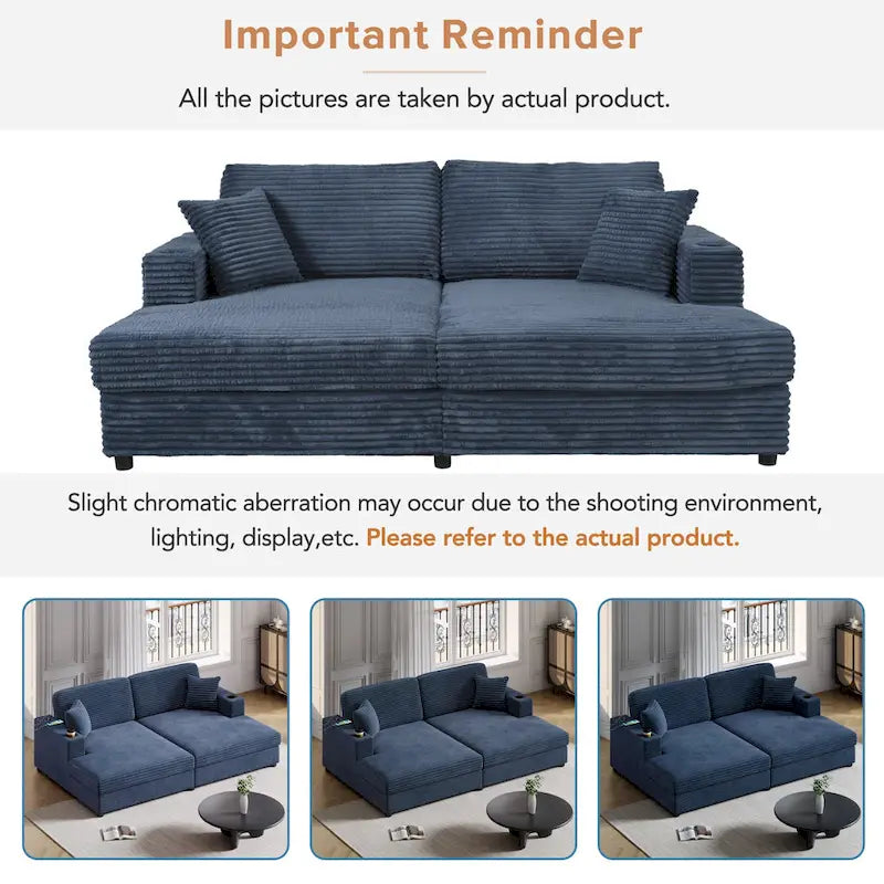 Oversized Loveseat Chaise Lounge Sectional Sofa Bed, Corduroy Sleeper with USB Ports, Cup Holders