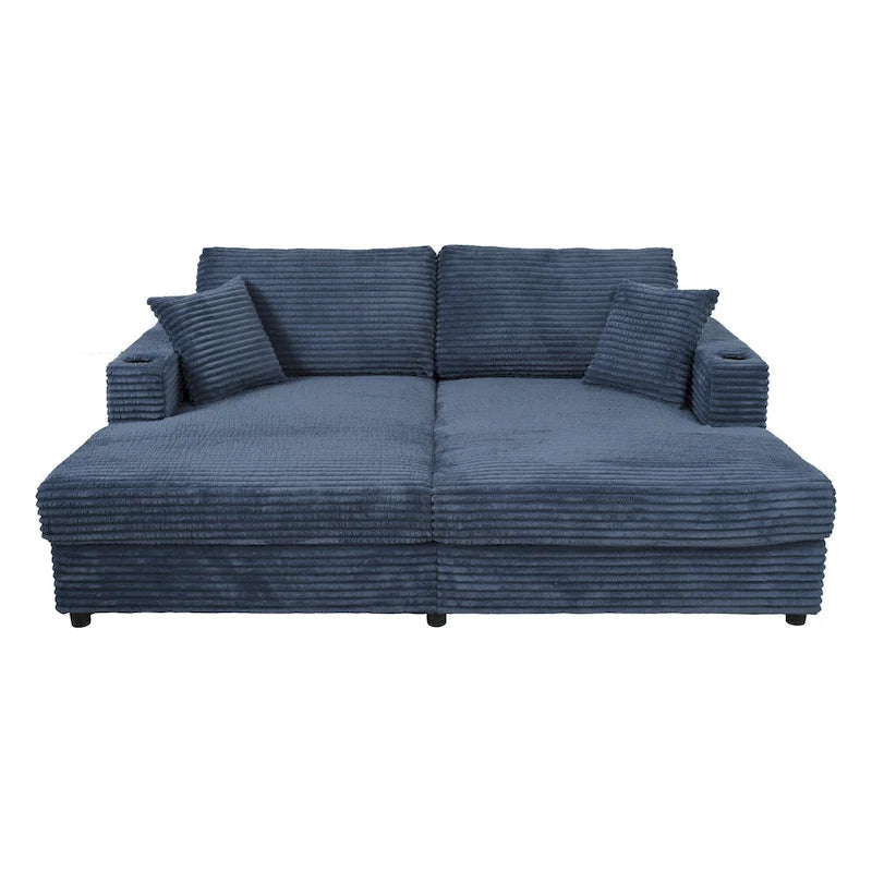 Oversized Loveseat Chaise Lounge Sectional Sofa Bed, Corduroy Sleeper with USB Ports, Cup Holders