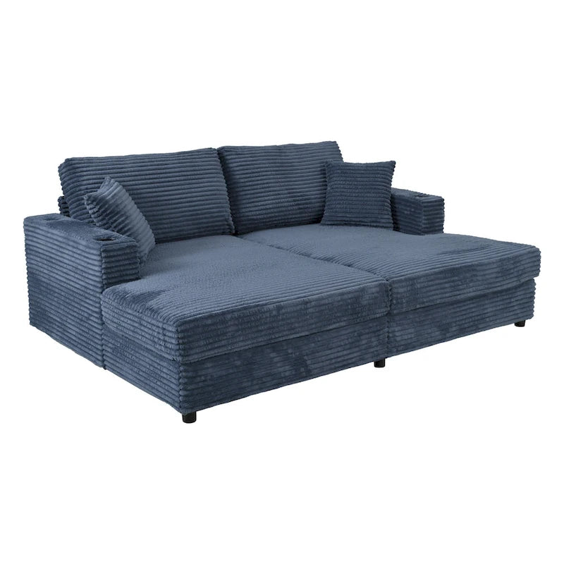 Oversized Loveseat Chaise Lounge Sectional Sofa Bed, Corduroy Sleeper with USB Ports, Cup Holders