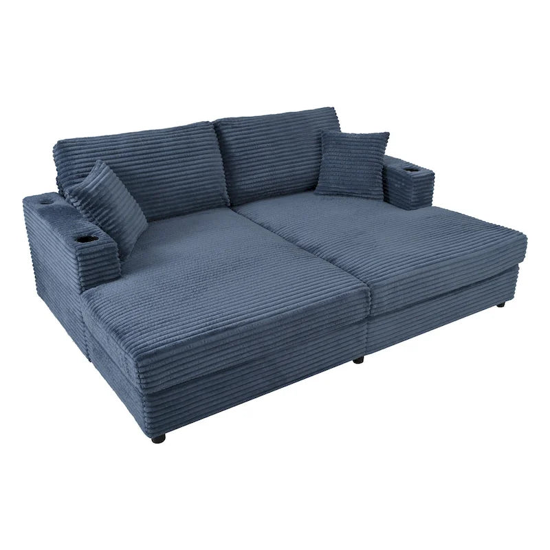 Oversized Loveseat Chaise Lounge Sectional Sofa Bed, Corduroy Sleeper with USB Ports, Cup Holders