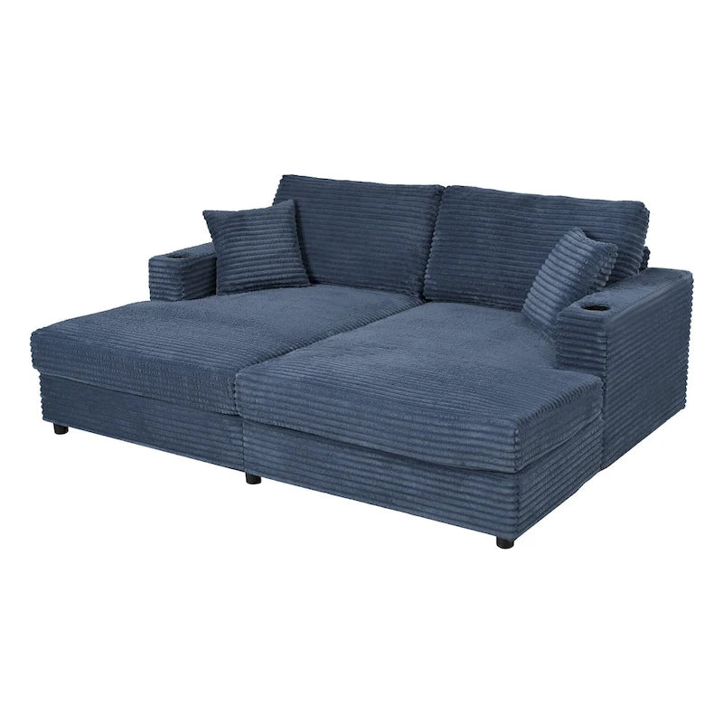 Oversized Loveseat Chaise Lounge Sectional Sofa Bed, Corduroy Sleeper with USB Ports, Cup Holders