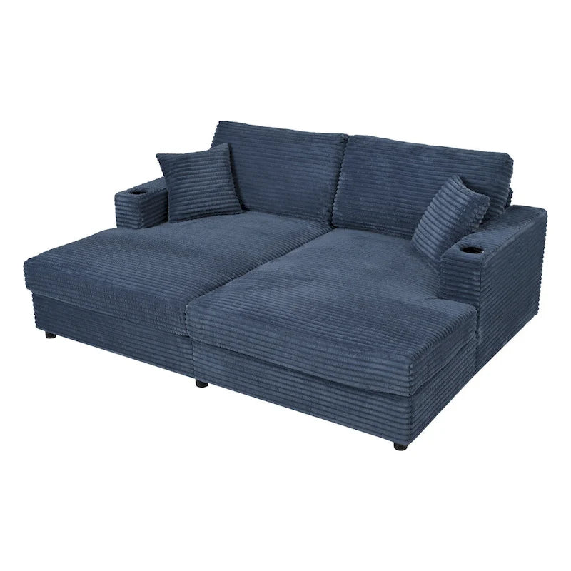 Oversized Loveseat Chaise Lounge Sectional Sofa Bed, Corduroy Sleeper with USB Ports, Cup Holders