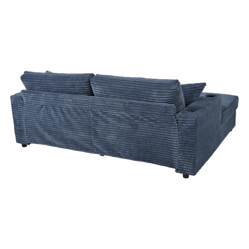 Oversized Loveseat Chaise Lounge Sectional Sofa Bed, Corduroy Sleeper with USB Ports, Cup Holders