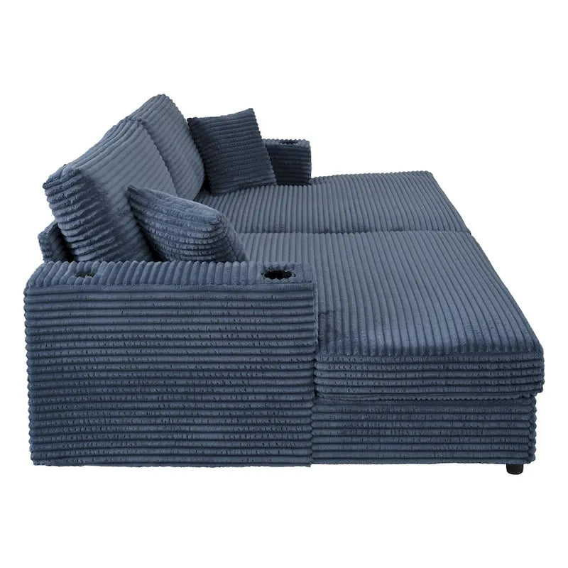 Oversized Loveseat Chaise Lounge Sectional Sofa Bed, Corduroy Sleeper with USB Ports, Cup Holders