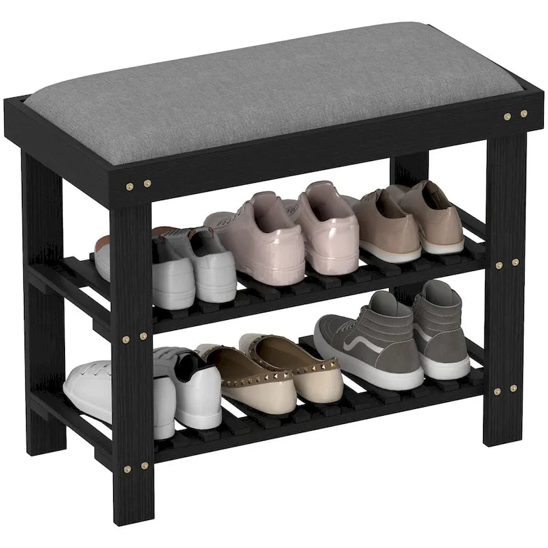 Bamboo Shoe Bench, 3-Tier Entryway Bench with Storage and Cushion, Shoe Organizer for Entryway, Hallway