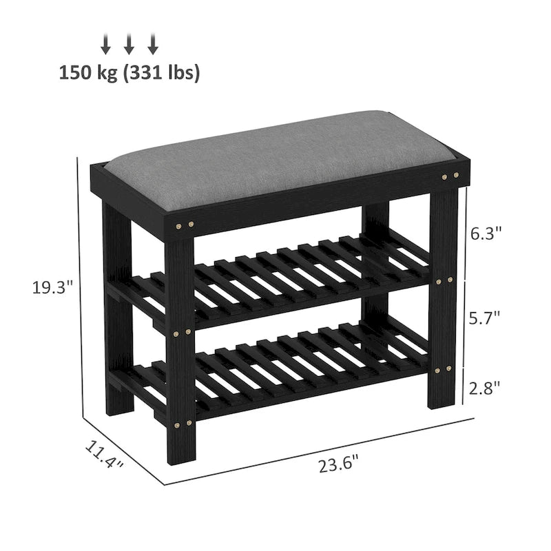 Bamboo Shoe Bench, 3-Tier Entryway Bench with Storage and Cushion, Shoe Organizer for Entryway, Hallway