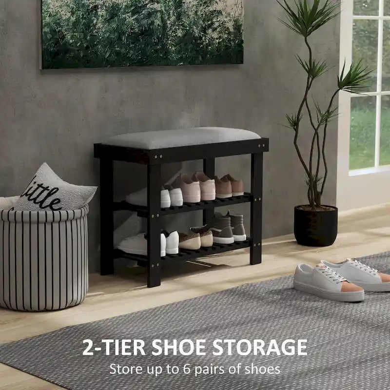 Bamboo Shoe Bench, 3-Tier Entryway Bench with Storage and Cushion, Shoe Organizer for Entryway, Hallway