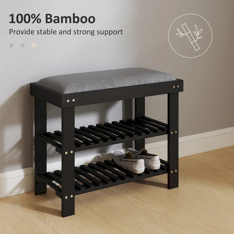 Bamboo Shoe Bench, 3-Tier Entryway Bench with Storage and Cushion, Shoe Organizer for Entryway, Hallway