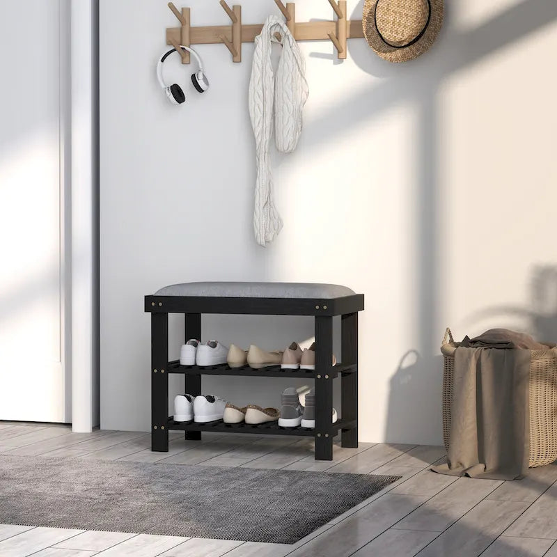 Bamboo Shoe Bench, 3-Tier Entryway Bench with Storage and Cushion, Shoe Organizer for Entryway, Hallway