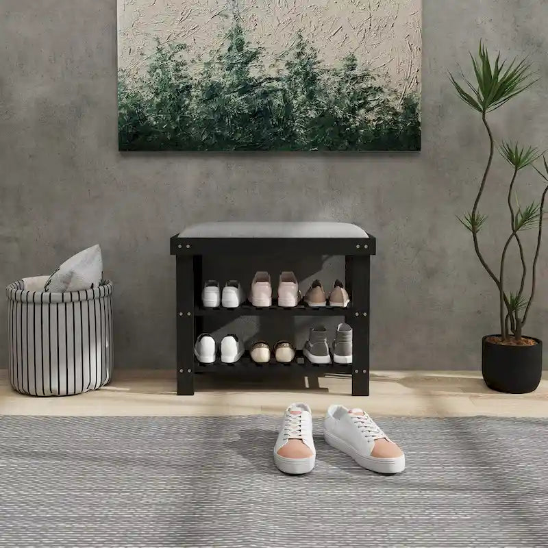 Bamboo Shoe Bench, 3-Tier Entryway Bench with Storage and Cushion, Shoe Organizer for Entryway, Hallway
