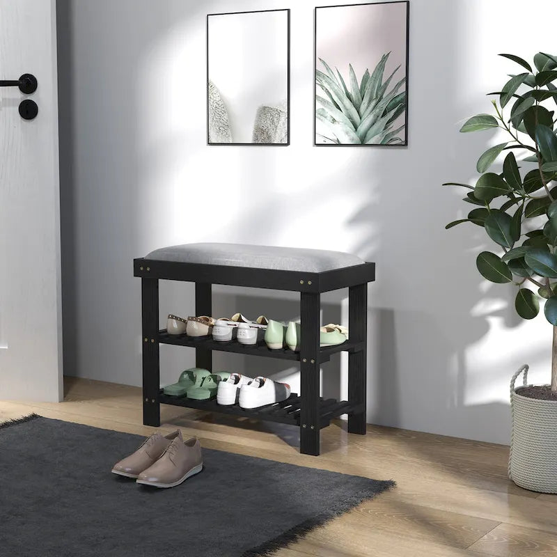 Bamboo Shoe Bench, 3-Tier Entryway Bench with Storage and Cushion, Shoe Organizer for Entryway, Hallway