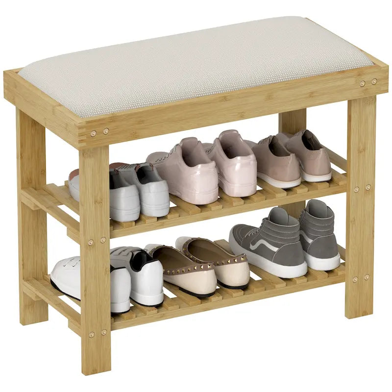 Bamboo Shoe Bench, 3-Tier Entryway Bench with Storage and Cushion, Shoe Organizer for Entryway, Hallway