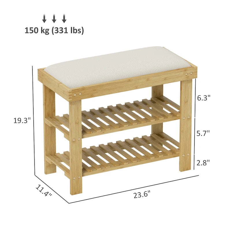 Bamboo Shoe Bench, 3-Tier Entryway Bench with Storage and Cushion, Shoe Organizer for Entryway, Hallway