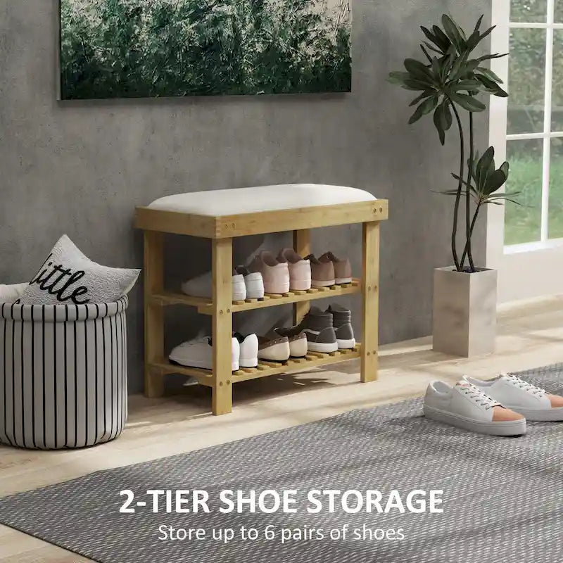 Bamboo Shoe Bench, 3-Tier Entryway Bench with Storage and Cushion, Shoe Organizer for Entryway, Hallway