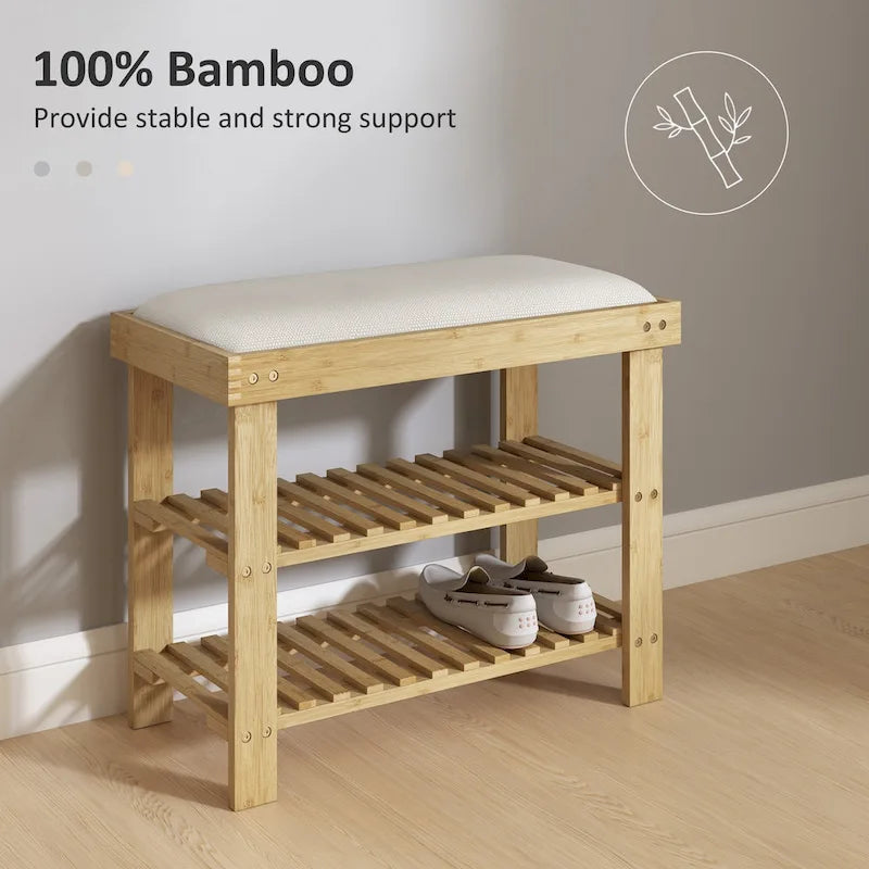 Bamboo Shoe Bench, 3-Tier Entryway Bench with Storage and Cushion, Shoe Organizer for Entryway, Hallway