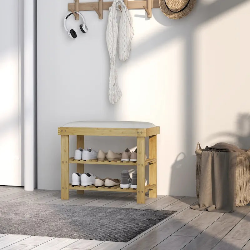 Bamboo Shoe Bench, 3-Tier Entryway Bench with Storage and Cushion, Shoe Organizer for Entryway, Hallway